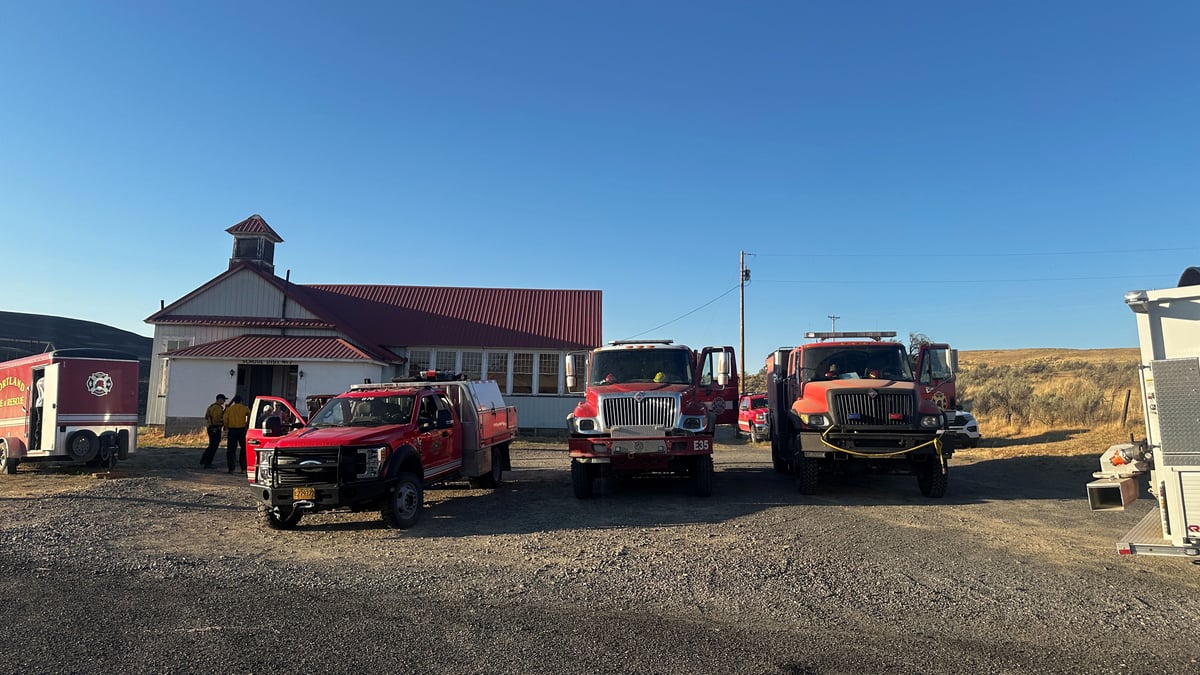 Crews stage at the Rock Creek School near the Hoag Fire
