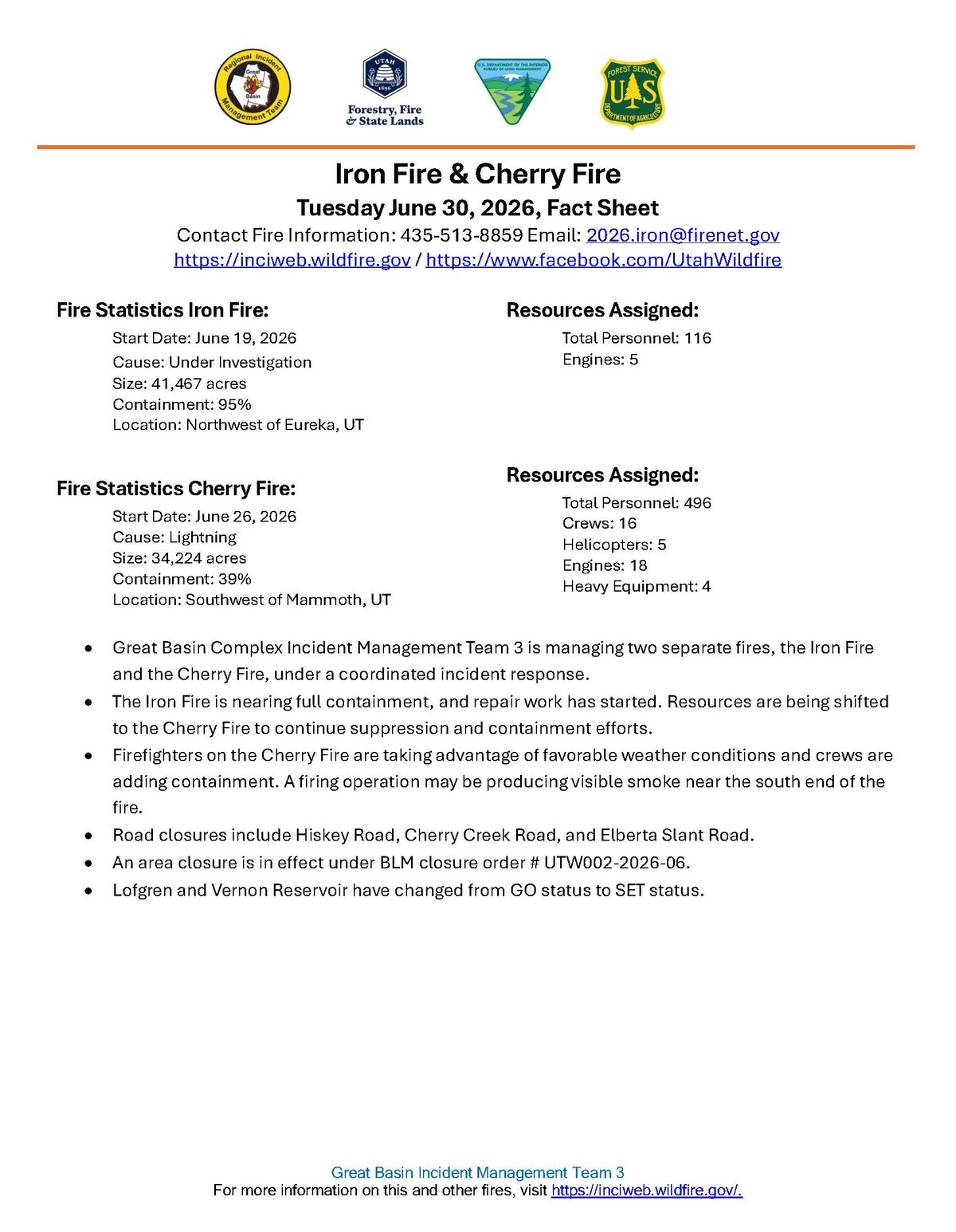 Daily Fact Sheet for the Iron and Cherry Fires June 30, 2026