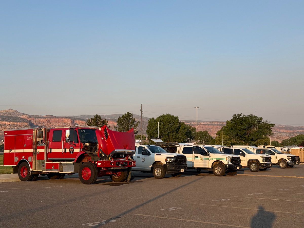 Firefighter Vehicles in Staging Area for Snyder Fire