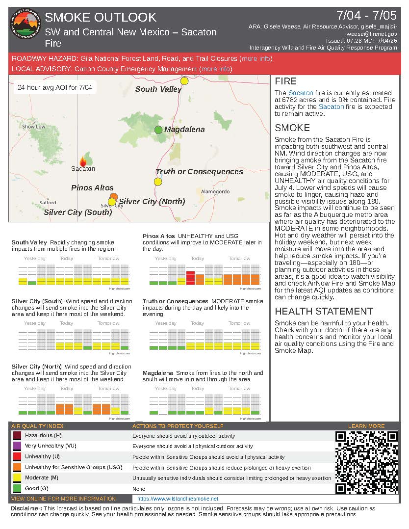 Smoke Outlook for Sacaton Fire - July 4, 2026