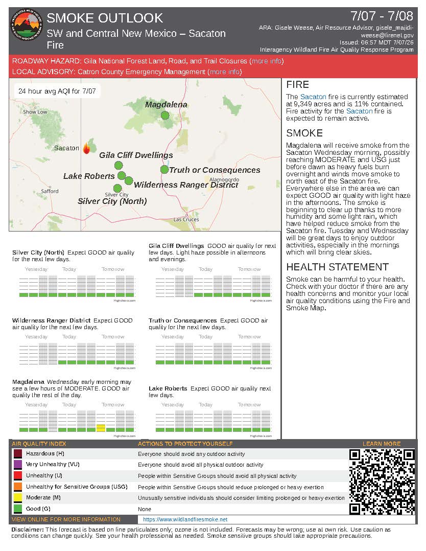 Smoke Outlook for Sacaton Fire 07-07-2026