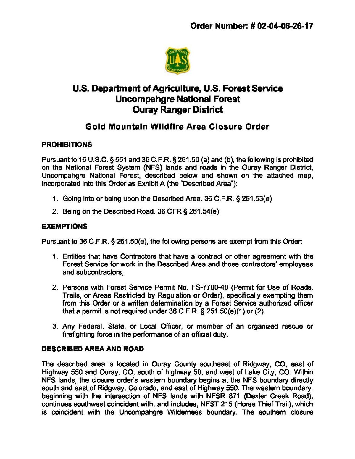 Forest Closure Order # 02-04-06-26-17