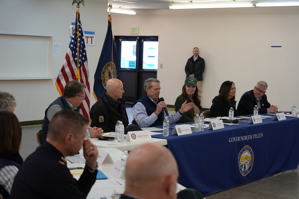 Governor Jim Pillen Addresses Audience During Meeting a...