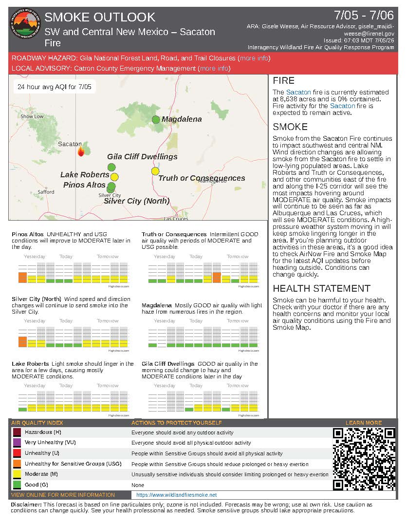 Smoke Outlook for Sacaton Fire - July 5, 2026