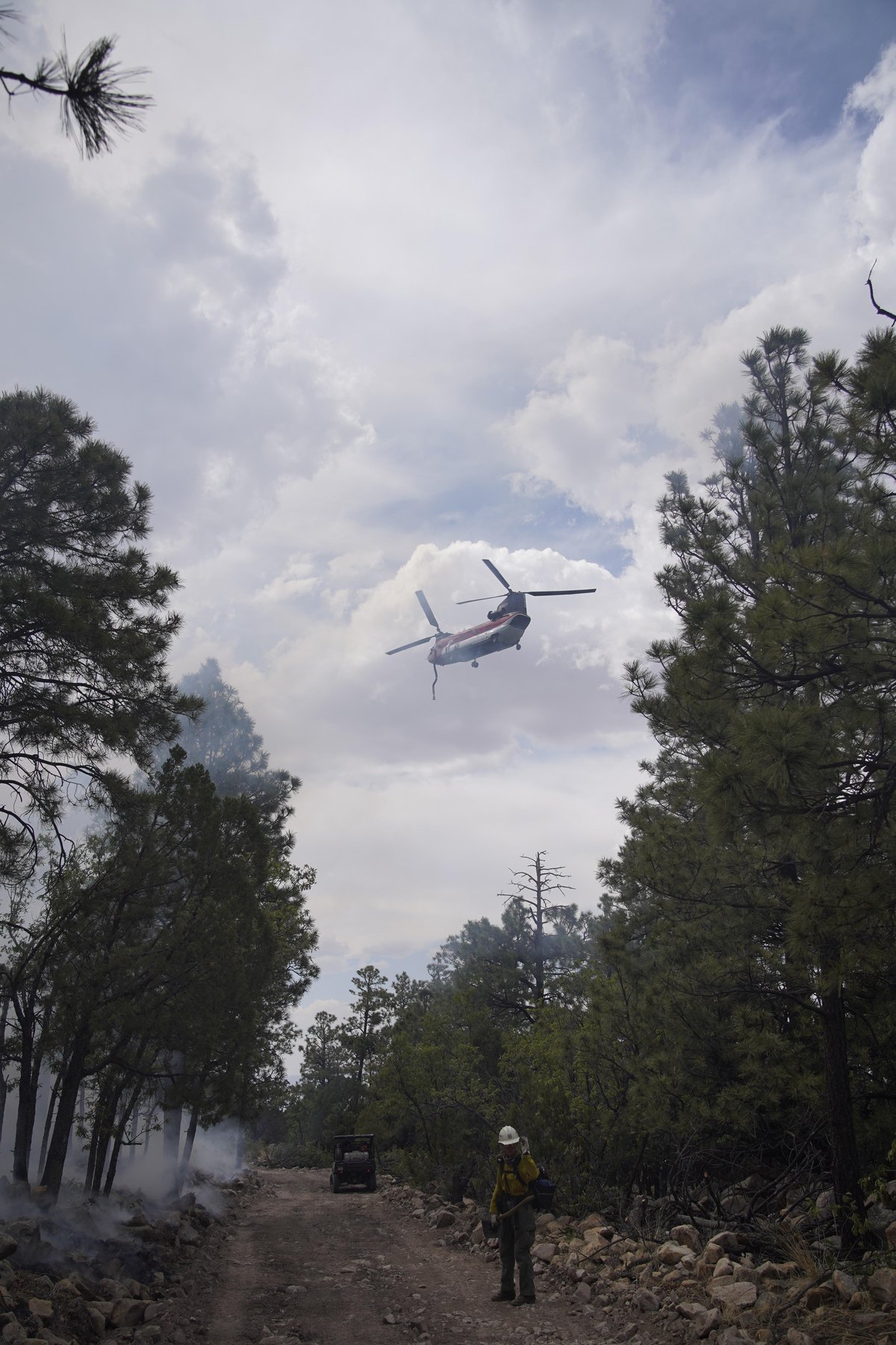 Chinook flying over firebreak