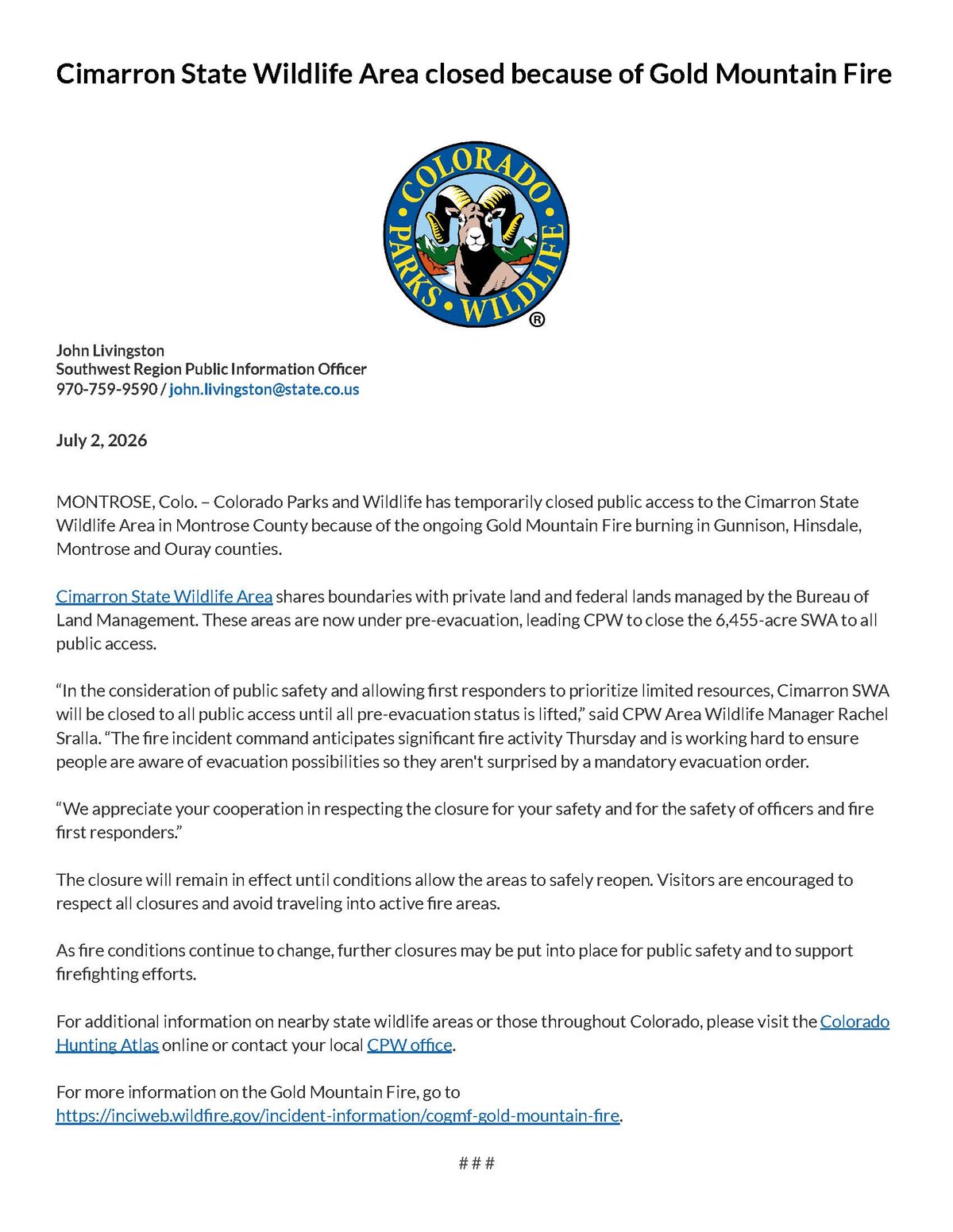 Cimarron State Wildlife Area Closure