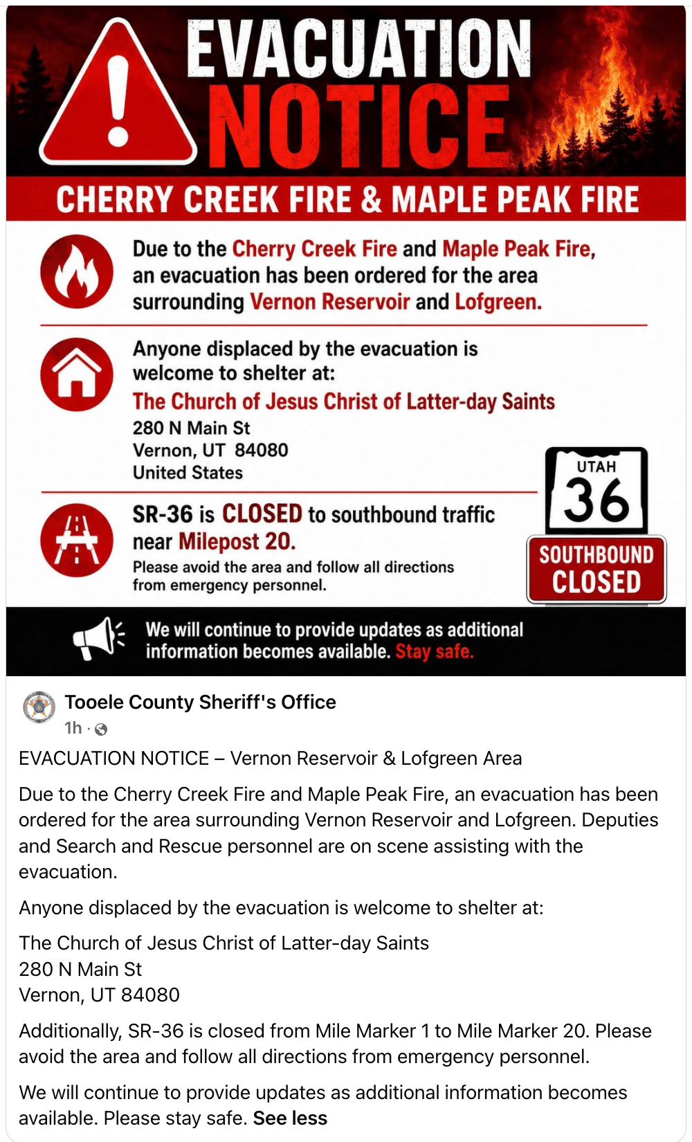 EVACUATION NOTICE - Vernon Reservoir &amp; Lofgreen Area