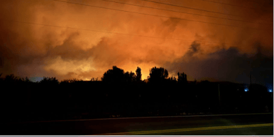 Iron Fire 2026 - Night Sky glowing orange with fire behind trees