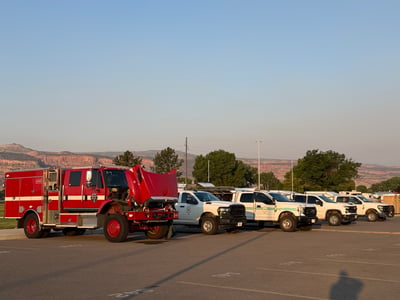 Firefighter Vehicles in Staging Area for Snyder Fire
