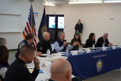 Governor Jim Pillen Addresses Audience During Meeting a...
