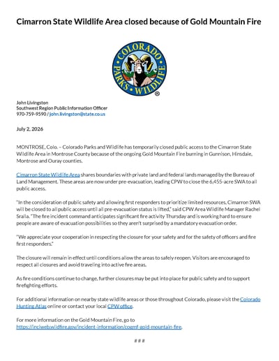 Cimarron State Wildlife Area Closure