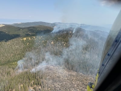 Fire backing down off of Mt Charles burning in heavy blowdown